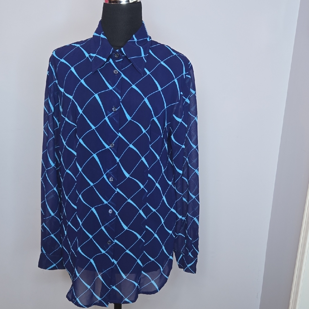 Elegant Navy & Peacock Blue Checkered Blouse